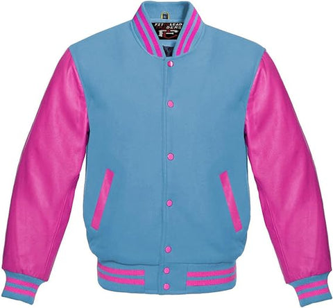 Hot Pink Leather Varsity Baseball Jacket Premium Wool Blend