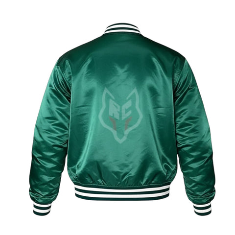 Green satin jacket with a logo on the back against a white background