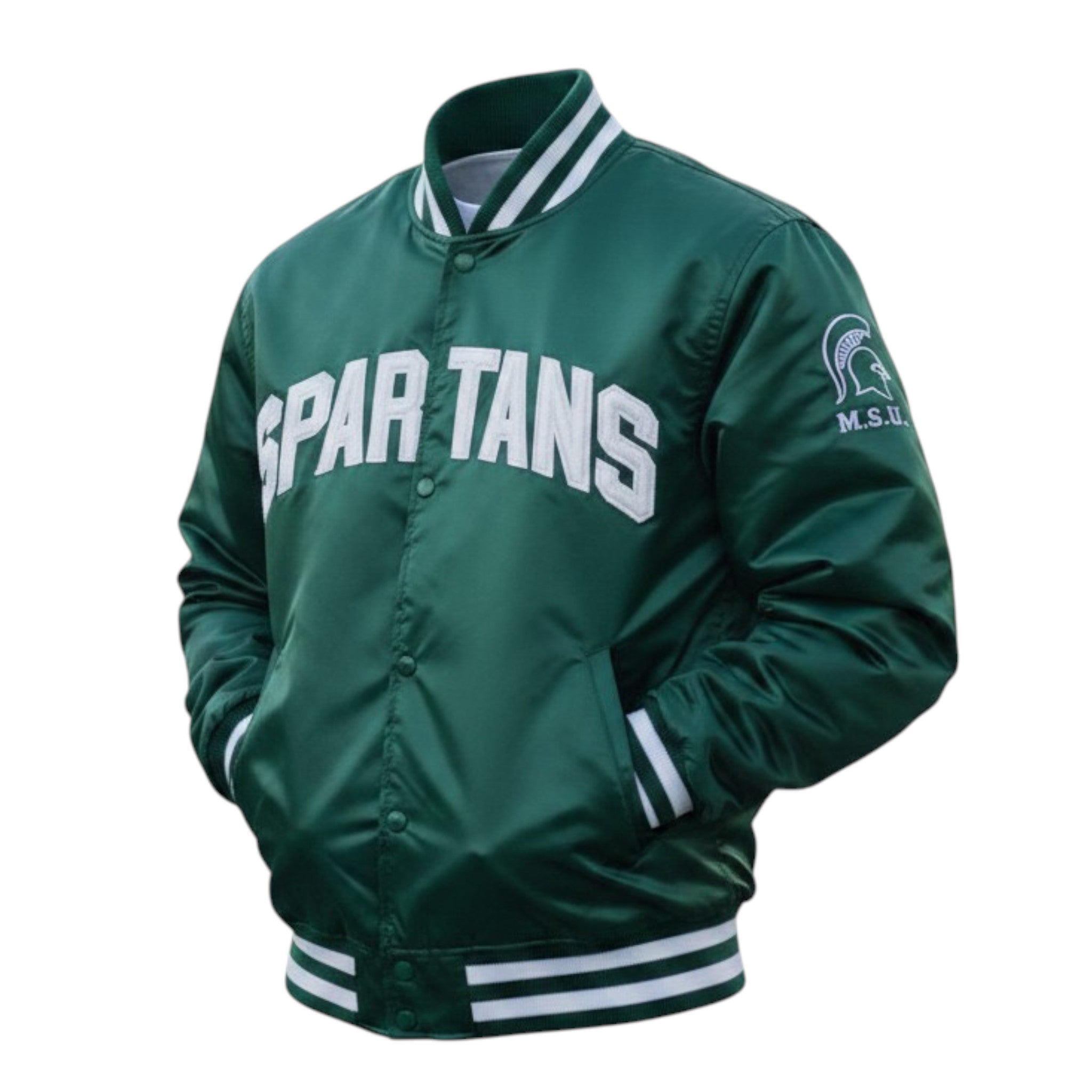 Green jacket with 'SPARTANS' text and logo on a white background
