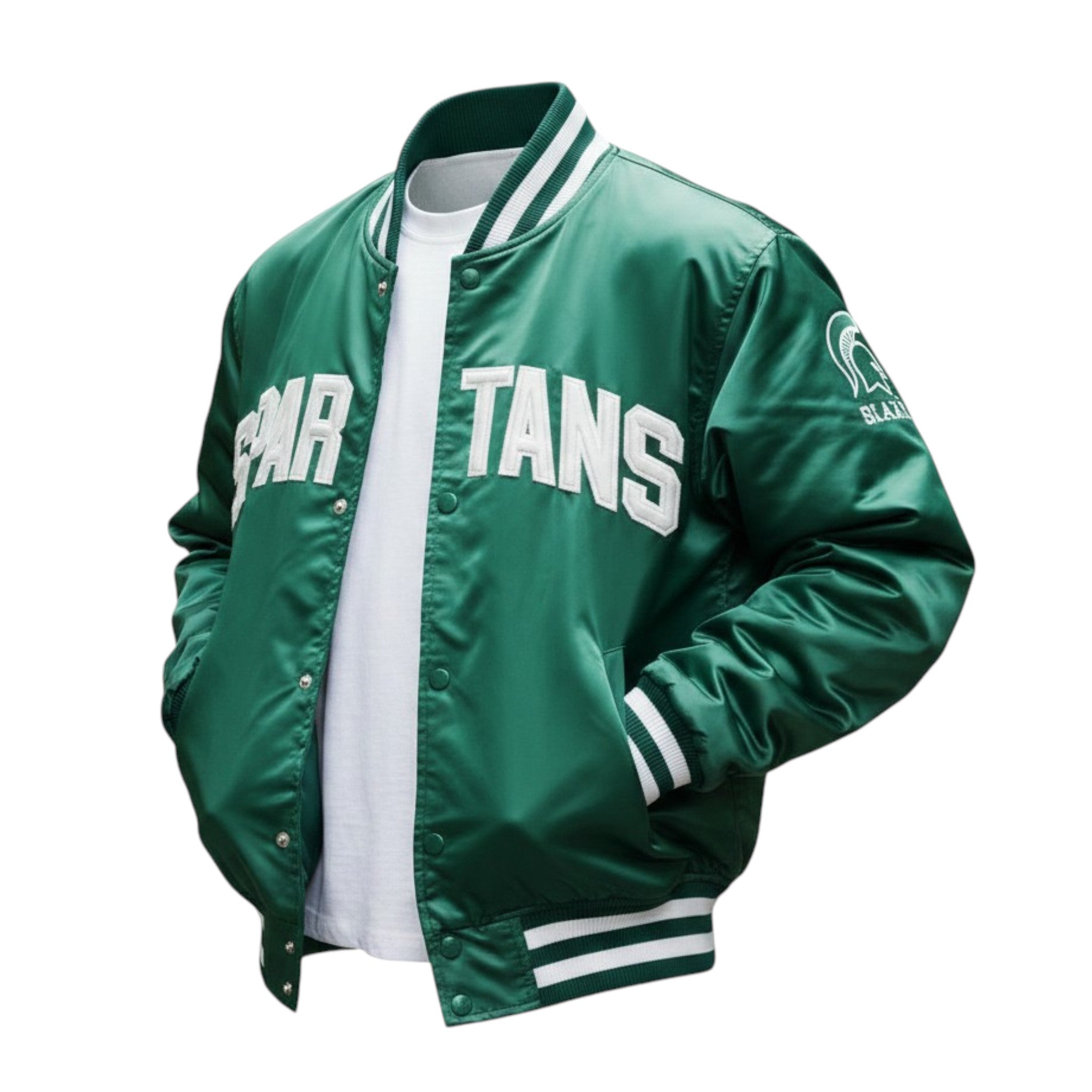 Green varsity jacket with 'SPARTANS' text on a white background