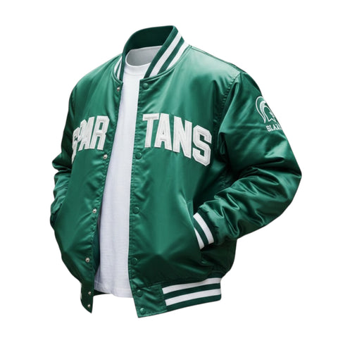 Green varsity jacket with 'SPARTANS' text on a white background