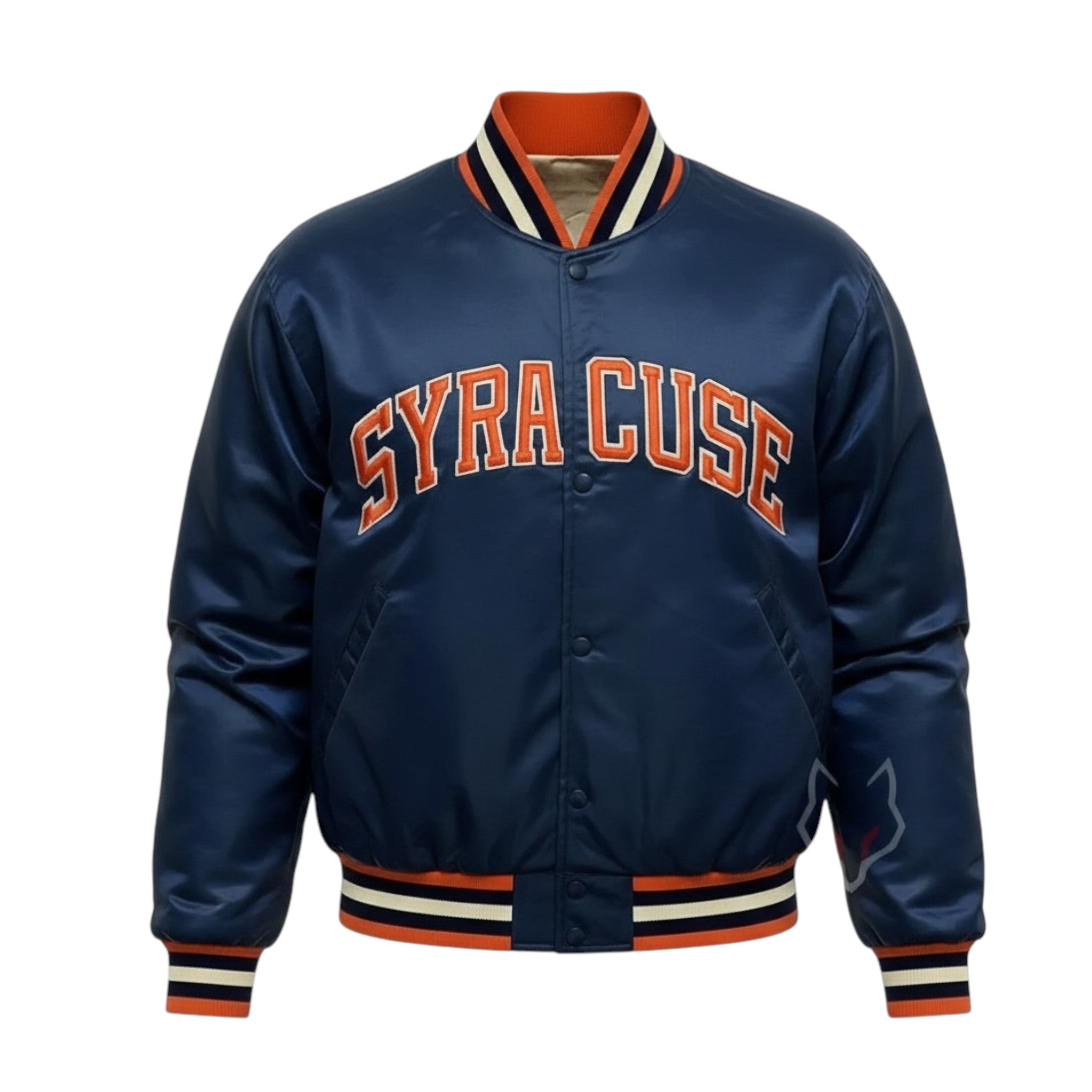 Navy blue jacket with 'SYRACUSE' text on a white background