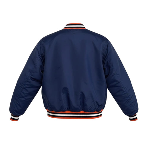 Navy blue bomber jacket with striped cuffs and collar on a white background