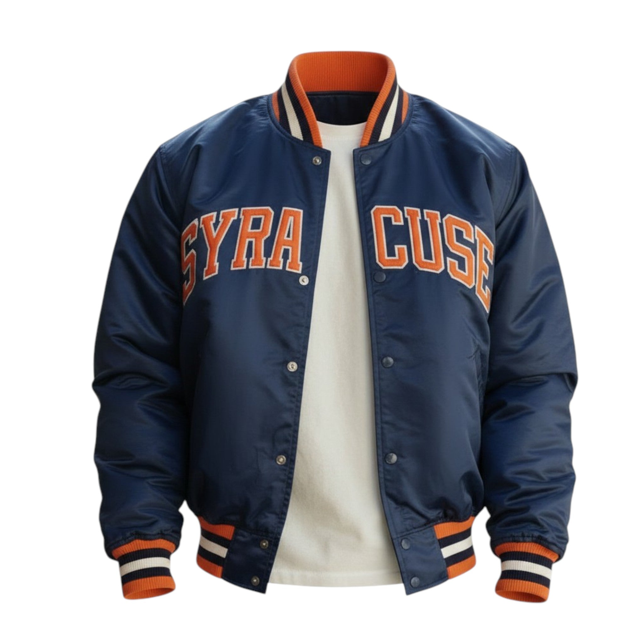 Navy blue letterman jacket with 'SYRA CUSE' text on a white background