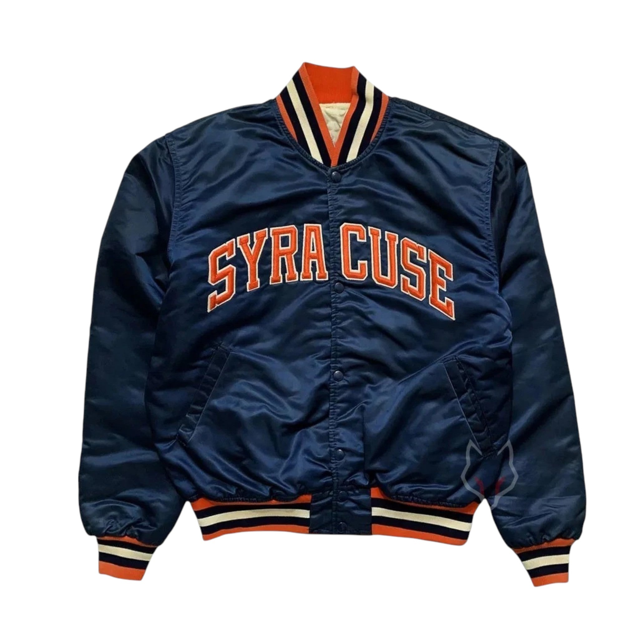Navy blue jacket with 'SYRACUSE' text on a white background
