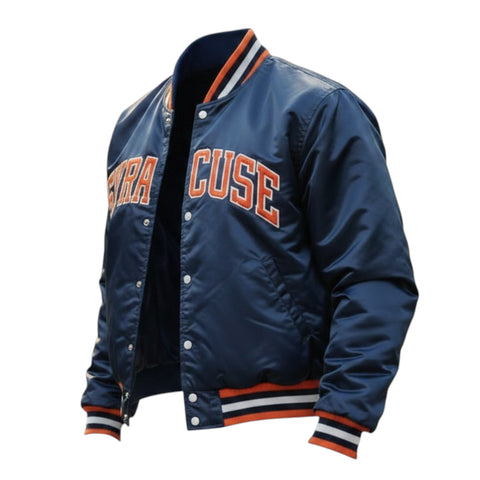 Blue varsity jacket with 'CUSE' text on a white background