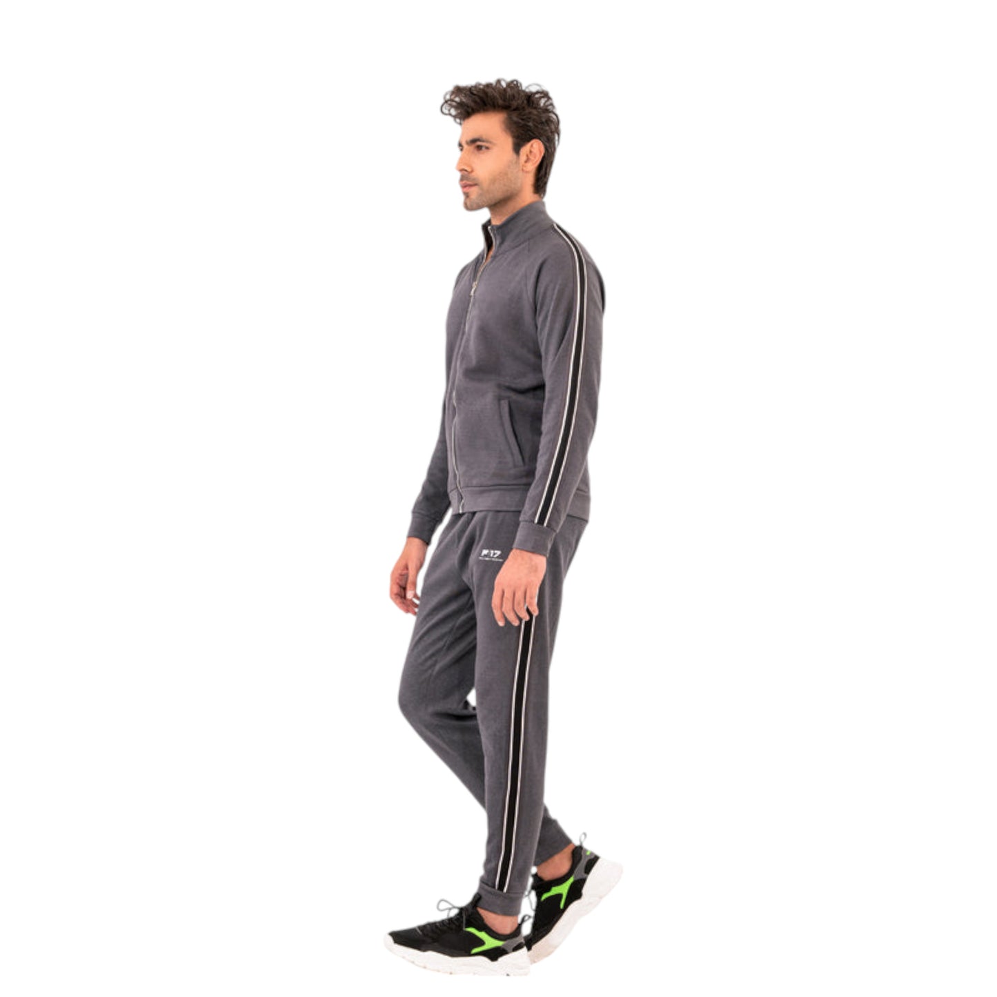 Men’s Modern Grey Tracksuit with Zipper Jacket and Striped Joggers