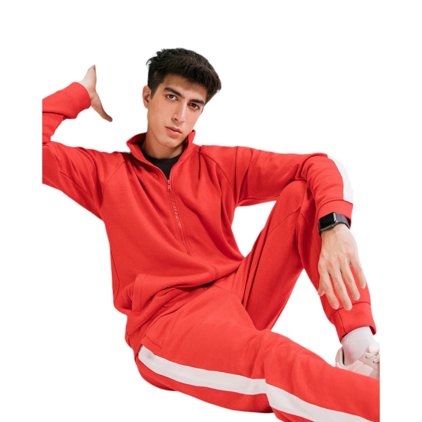 Sporty Men's Full-Zip Red Jacket with Contrast Stripes