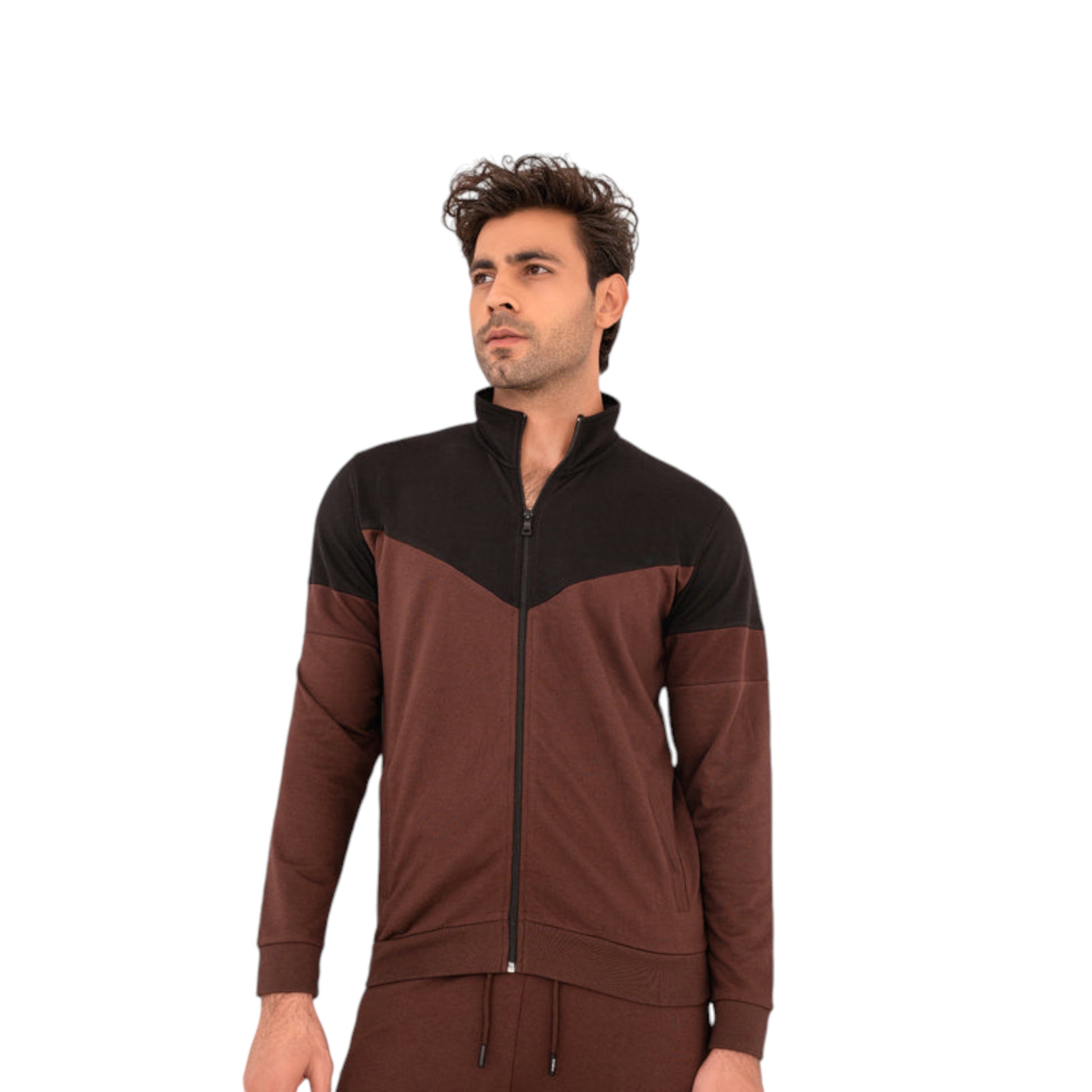 A man wearing a brown full-zip jacket with a trendy stripe detail.
