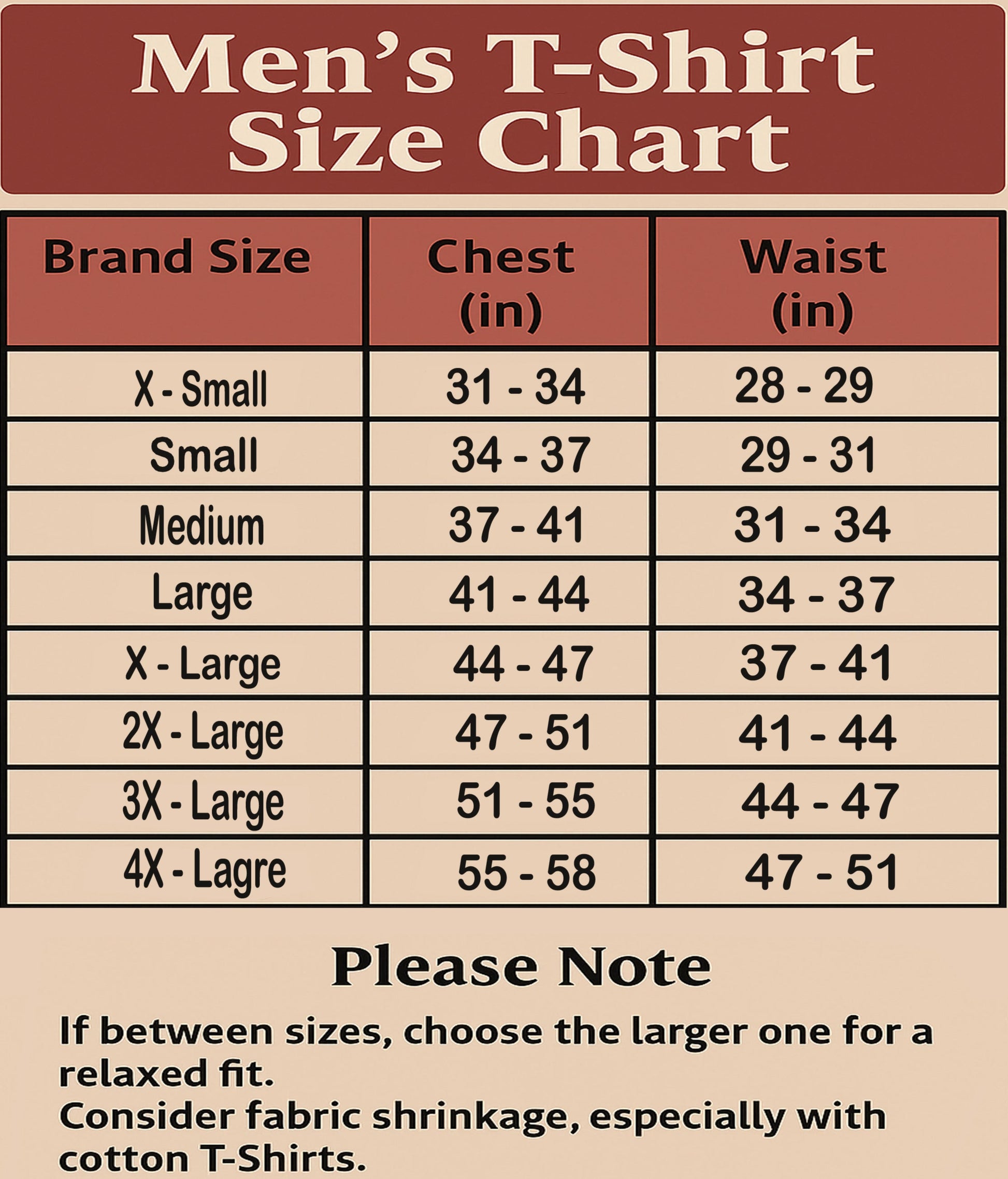 Men's T-Shirt Size Chart with brand size, chest, and waist measurements on a beige background.
