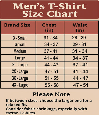Men's T-Shirt Size Chart with brand size, chest, and waist measurements on a beige background.