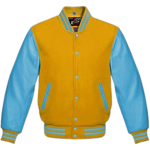 Multicolor Wool Varsity Jacket Genuine Sky Leather Sleeves Streetwear