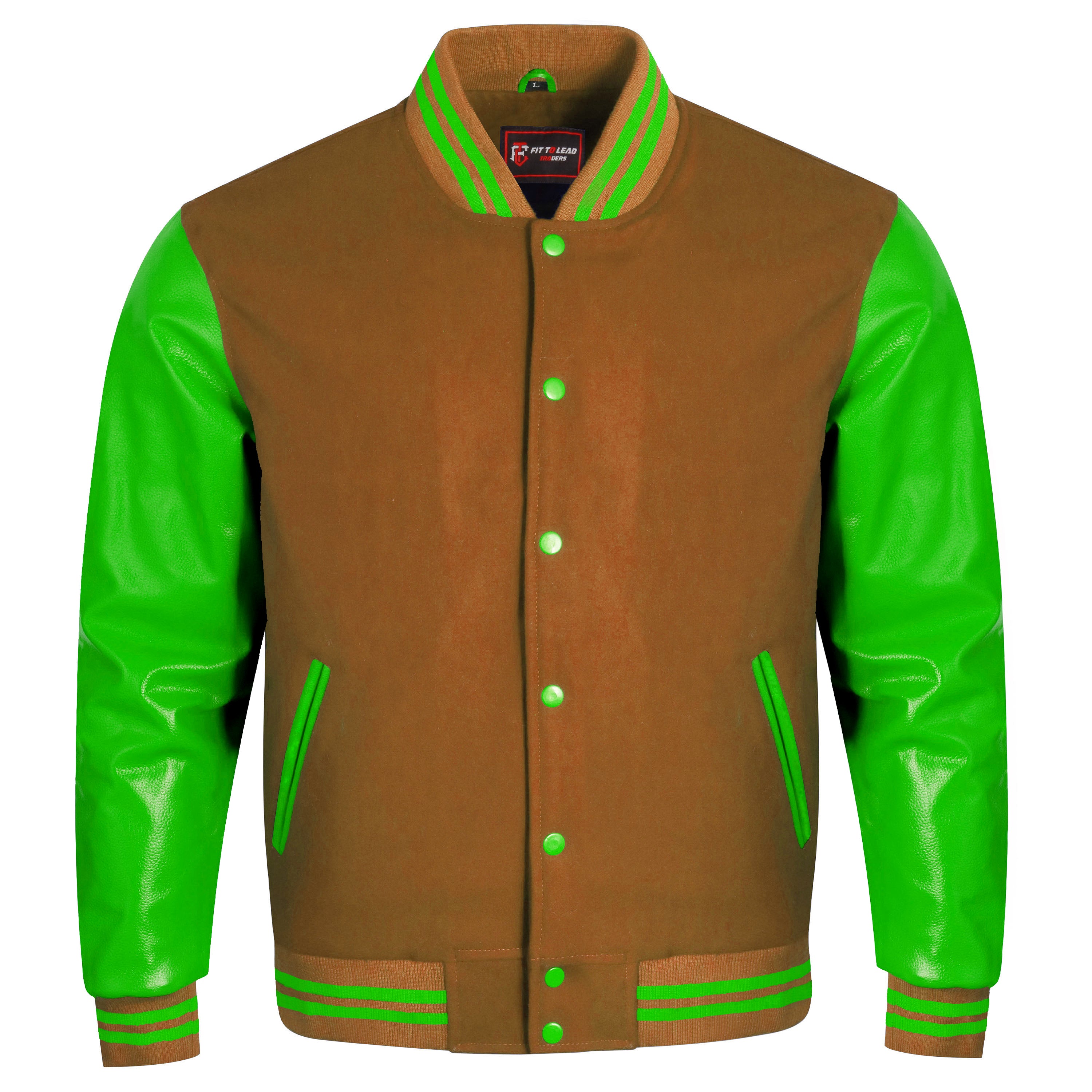 A varsity-style jacket with a brown body and bright green sleeves, collar, and trim details, shown against a plain white background.