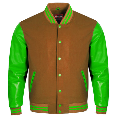 A varsity-style jacket with a brown body and bright green sleeves, collar, and trim details, shown against a plain white background.