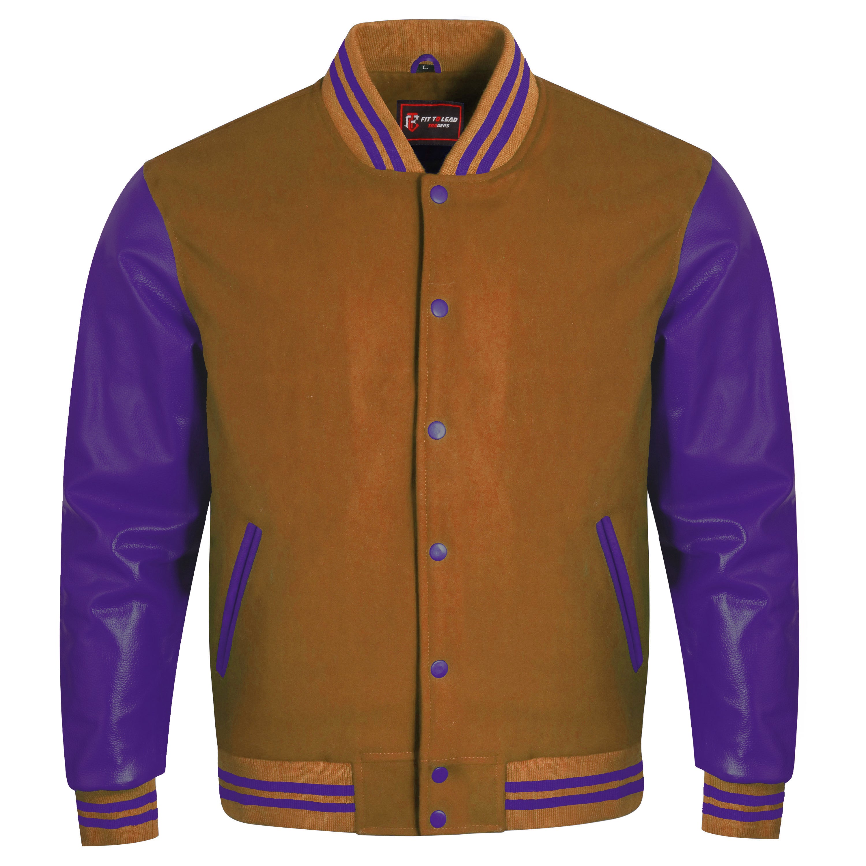 A varsity-style jacket with a tan suede body and purple -leather sleeves, featuring purple and tan striped ribbing on the collar, cuffs, and hem.