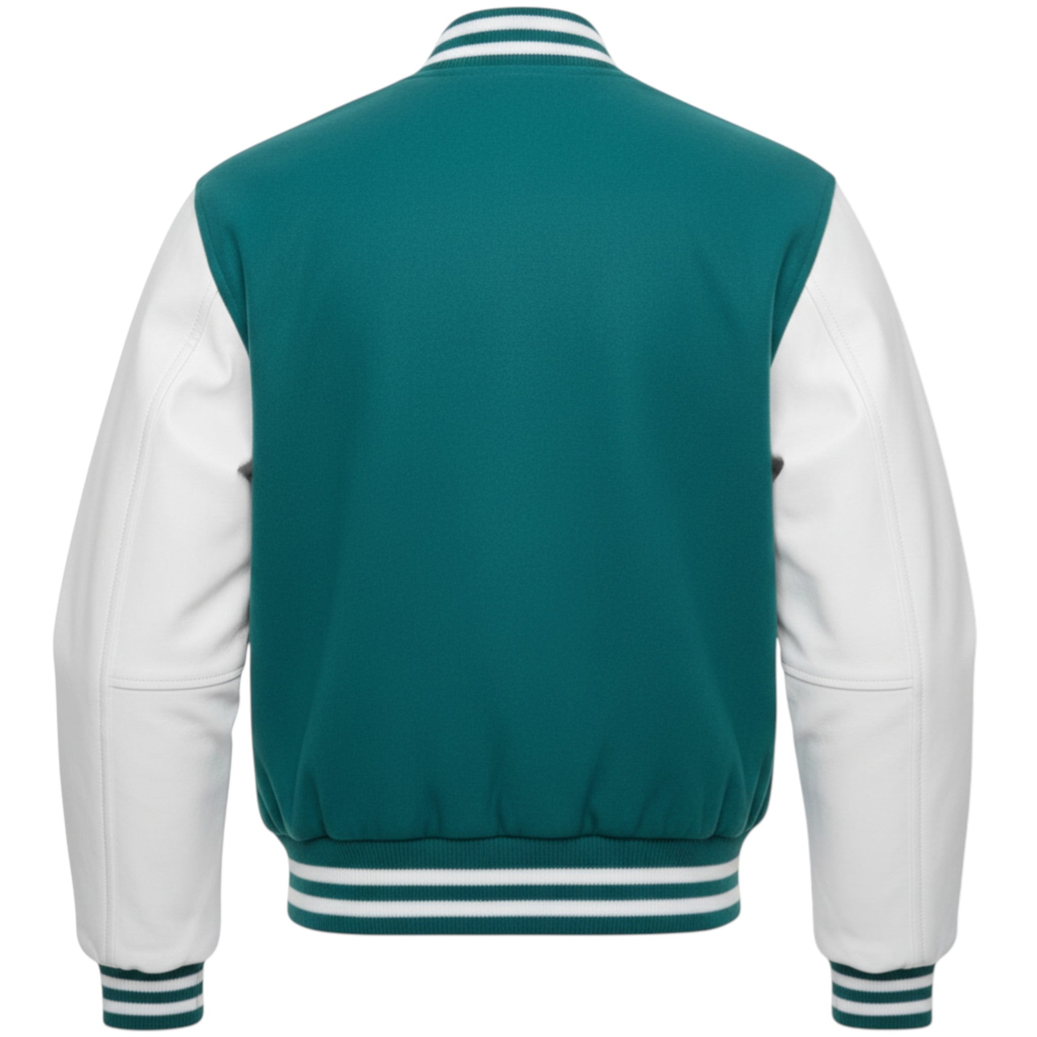 Teal and white varsity jacket on a white background