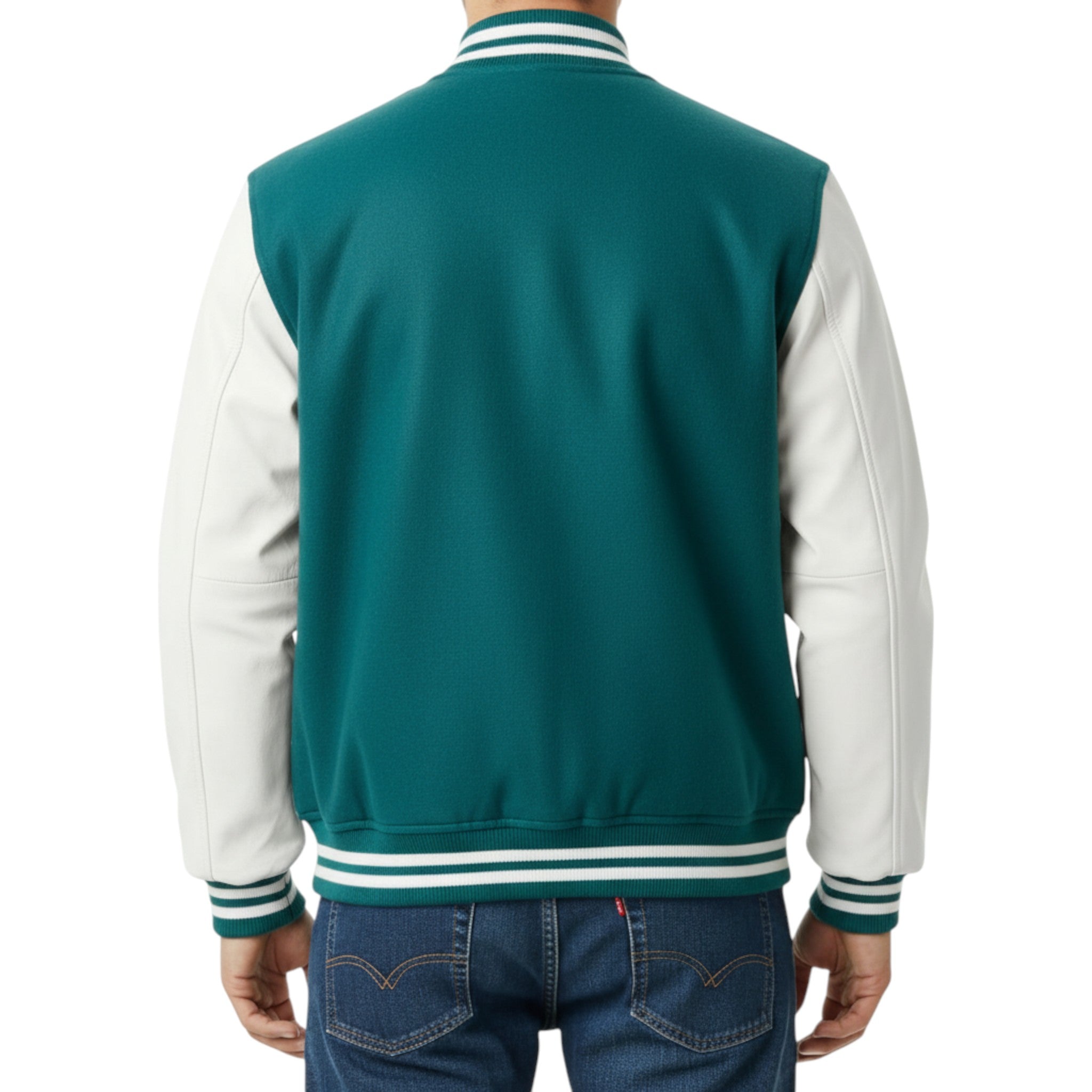 Teal and white varsity jacket worn by a person on a white background