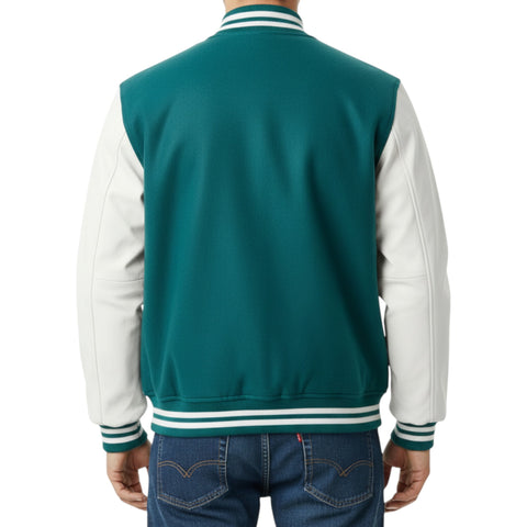 Teal and white varsity jacket worn by a person on a white background