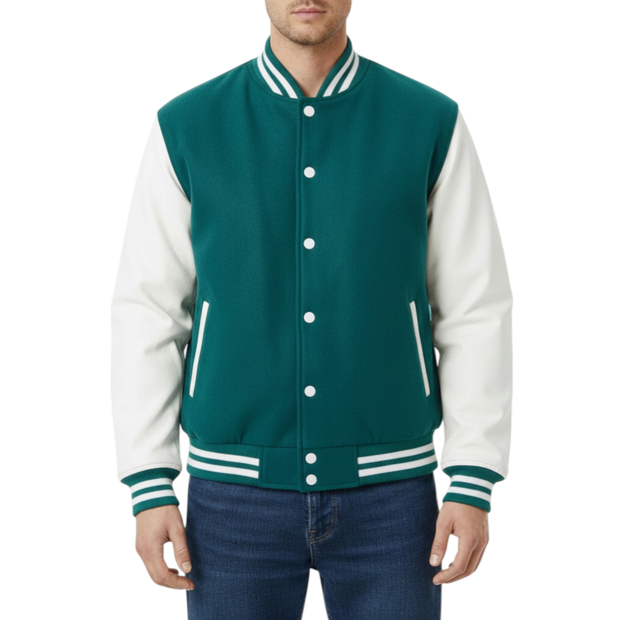 Teal and white varsity jacket worn by a person on a white background