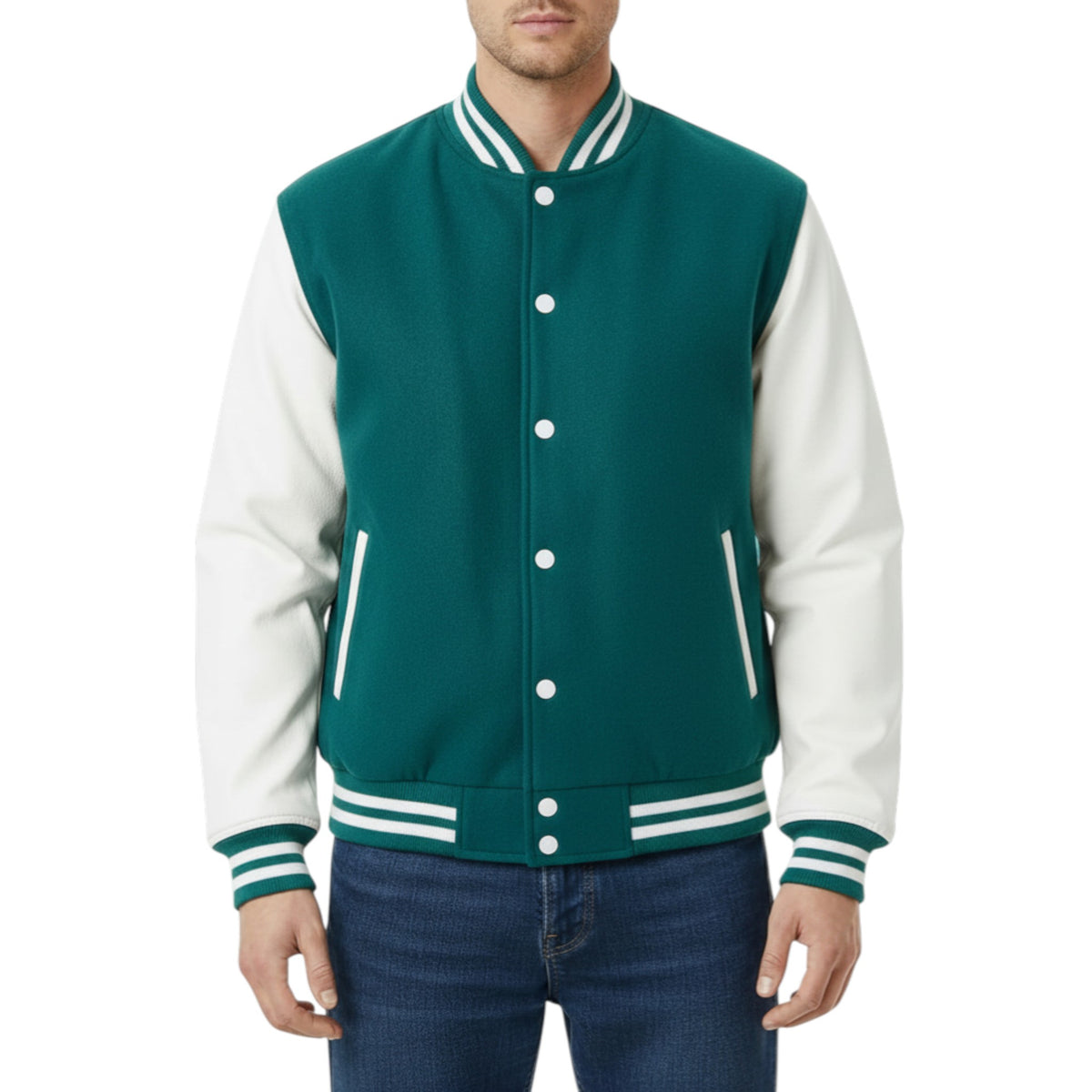 Teal and white varsity jacket worn by a person on a white background