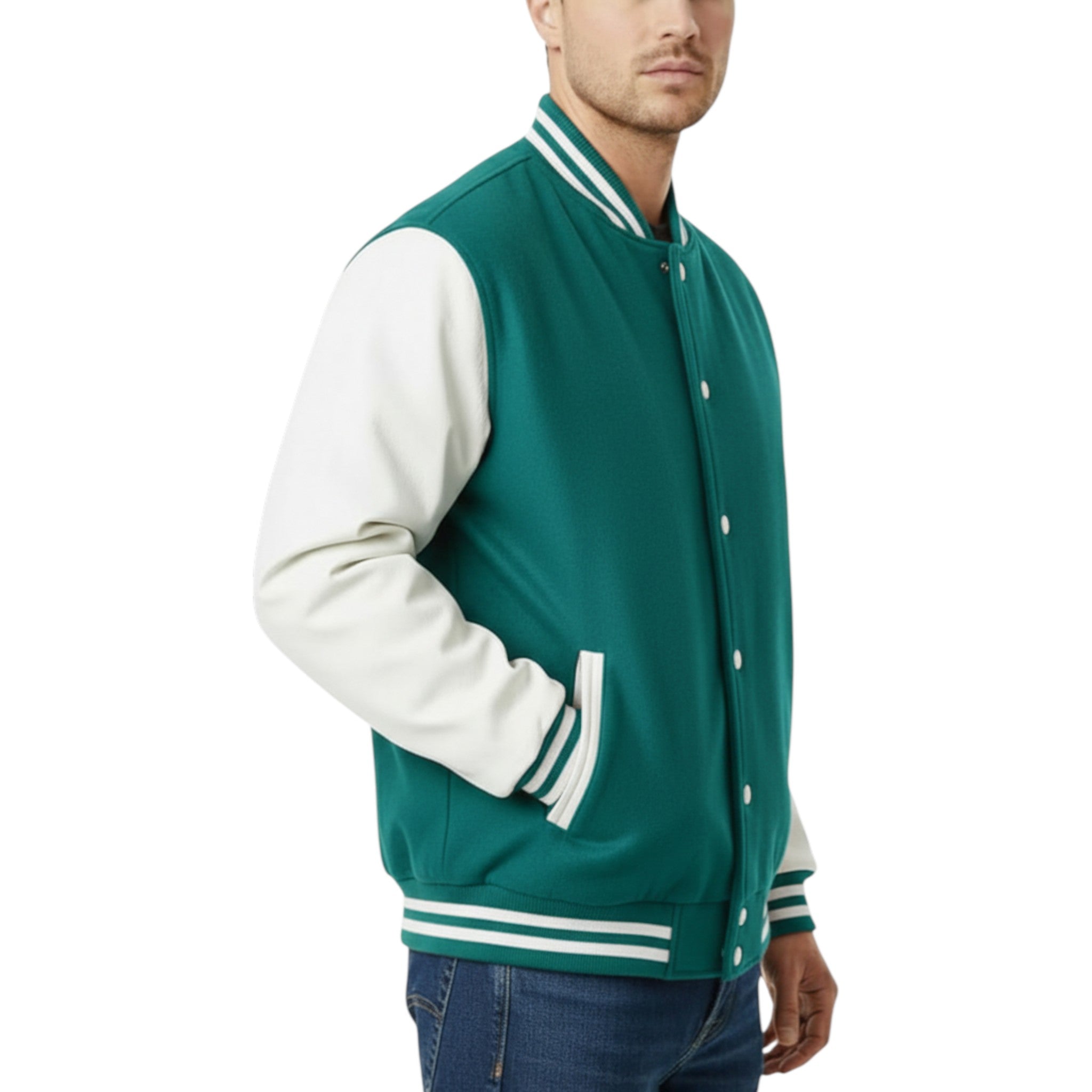 Teal and white varsity jacket worn by a person on a white background