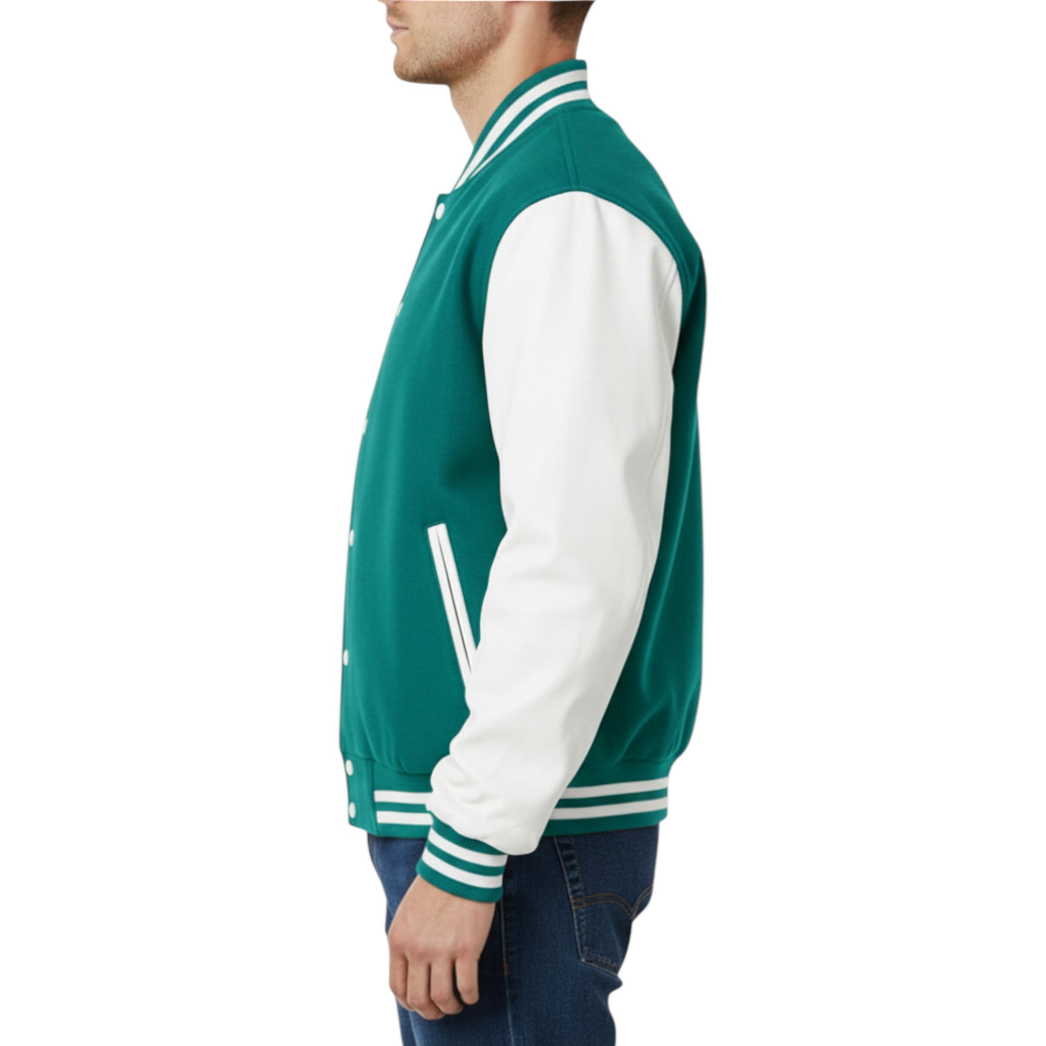 Teal and white varsity jacket worn by a person on a white background