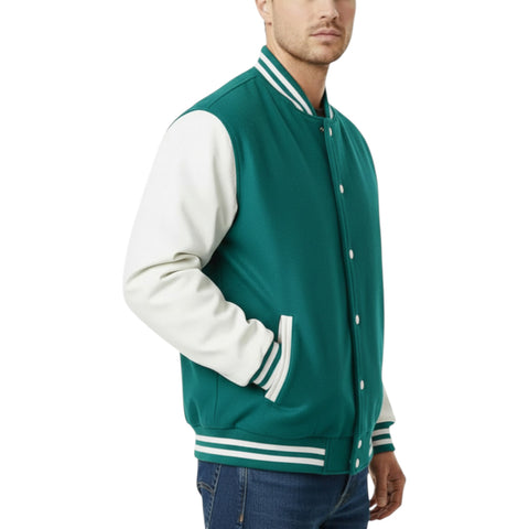 Teal and white varsity jacket worn by a person on a white background