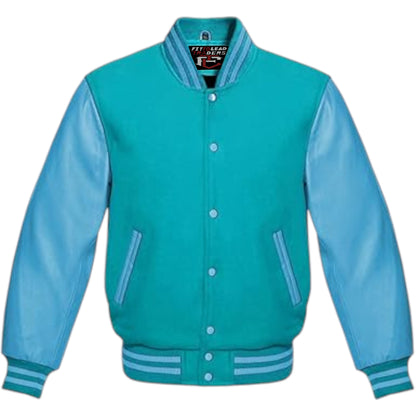 Multicolor Wool Varsity Jacket Genuine Sky Leather Sleeves Streetwear