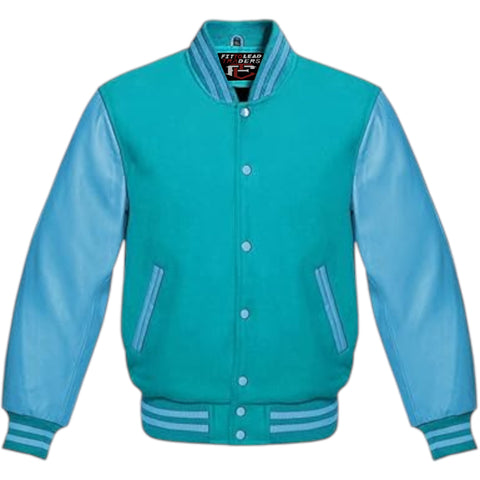 Multicolor Wool Varsity Jacket Genuine Sky Leather Sleeves Streetwear
