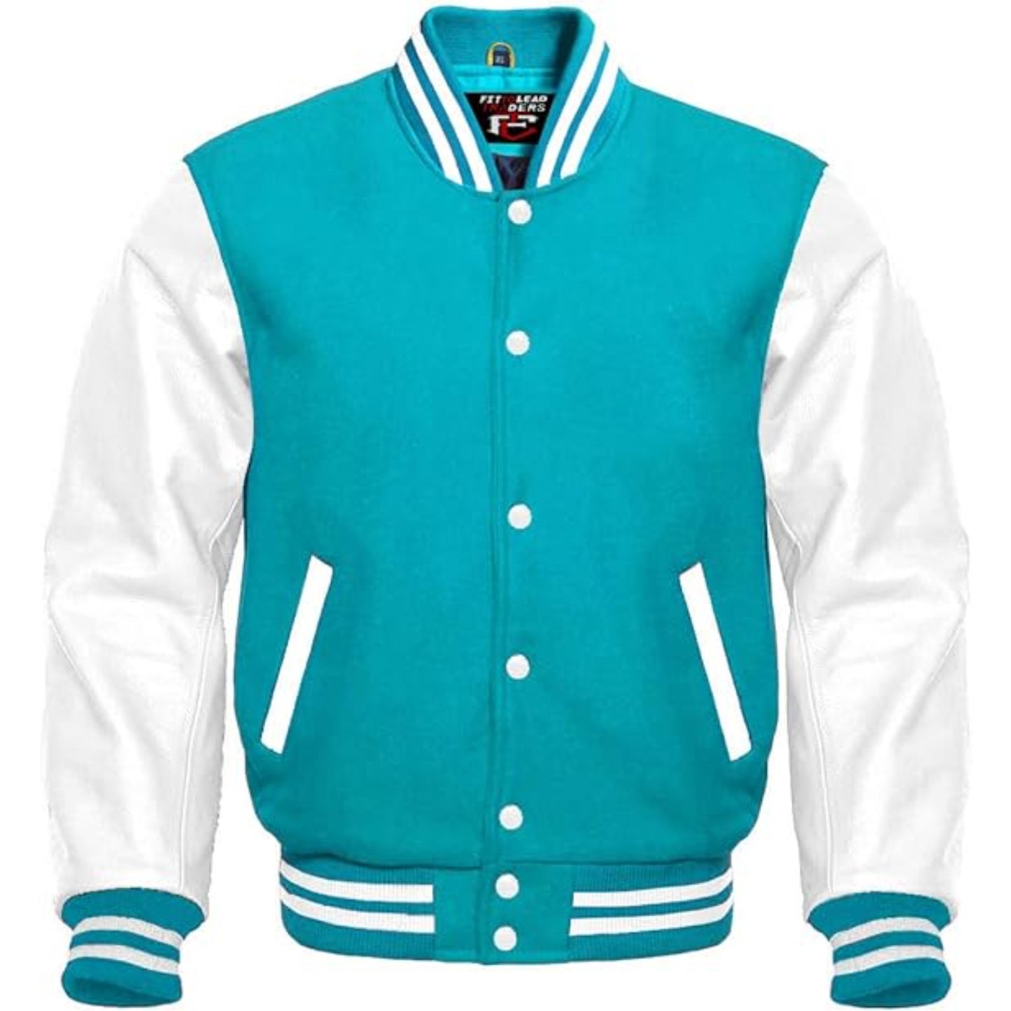 Teal and white varsity jacket on a white background