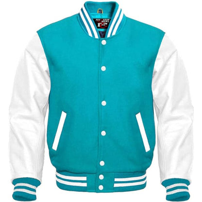 Teal and white varsity jacket on a white background