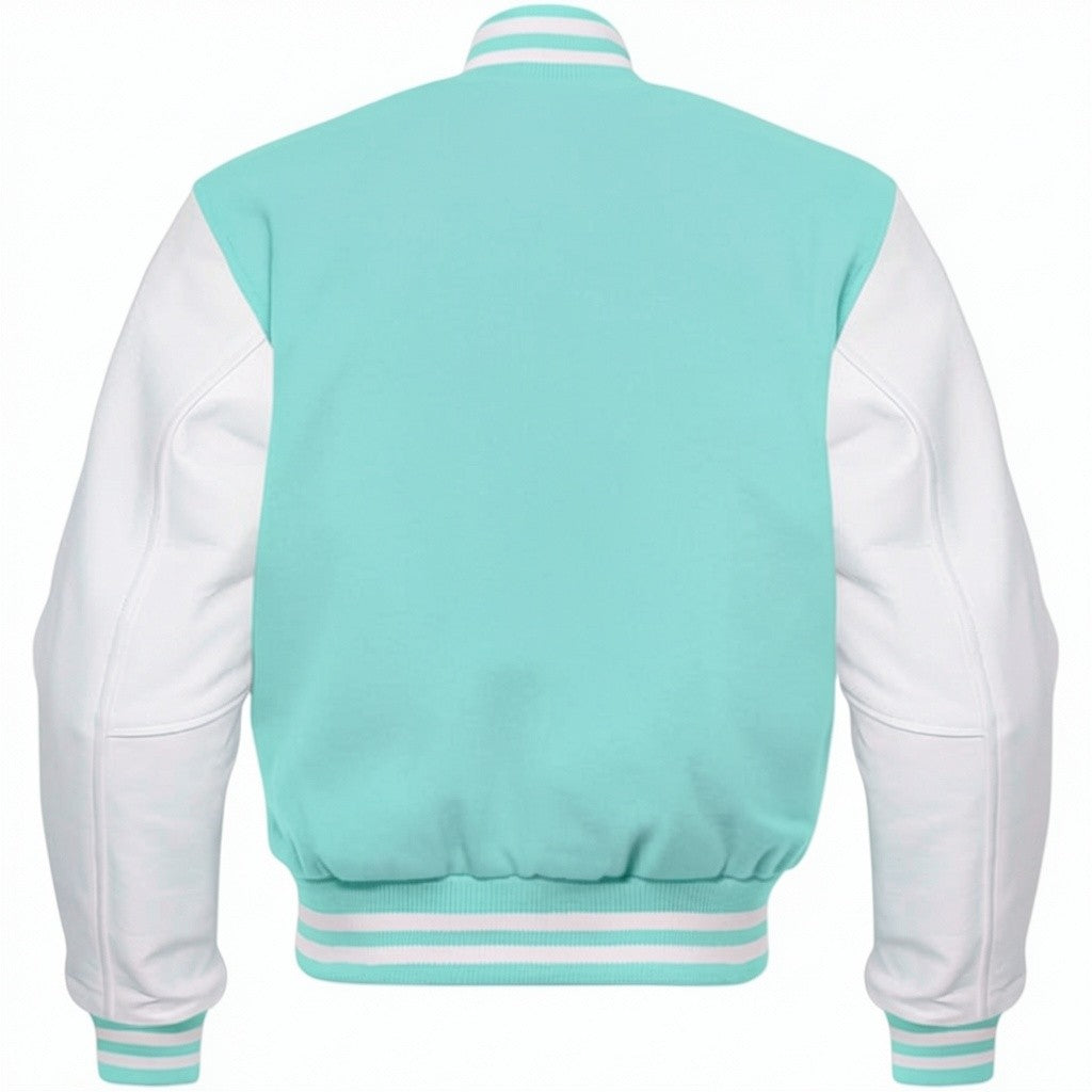 Tiffany and white varsity jacket on a white background