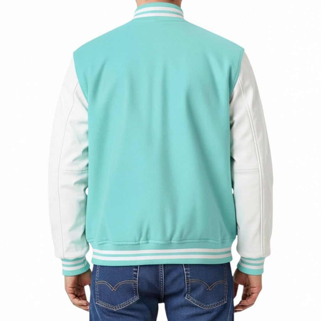 Tiffany and white varsity jacket worn by a person on a white background