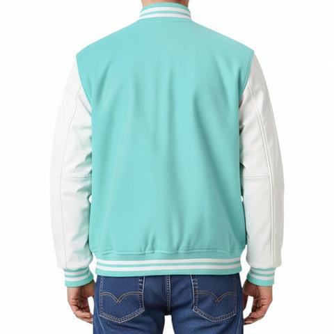 Tiffany and white varsity jacket worn by a person on a white background