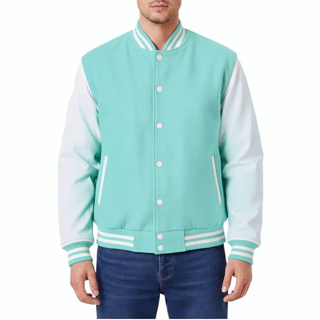 Tiffany and white varsity jacket worn by a person on a white background