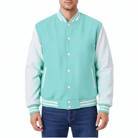 Tiffany and white varsity jacket worn by a person on a white background