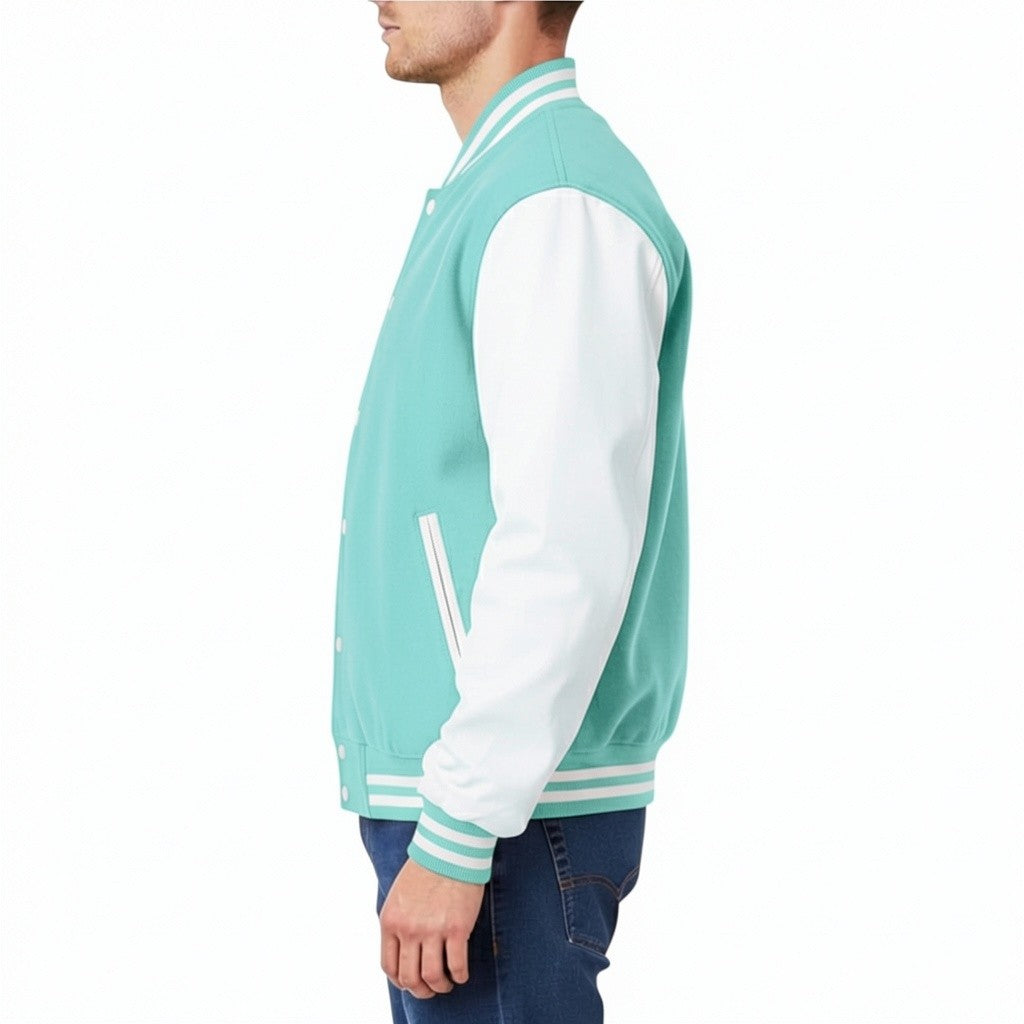 Person wearing a Tiffany and white varsity jacket on a white background