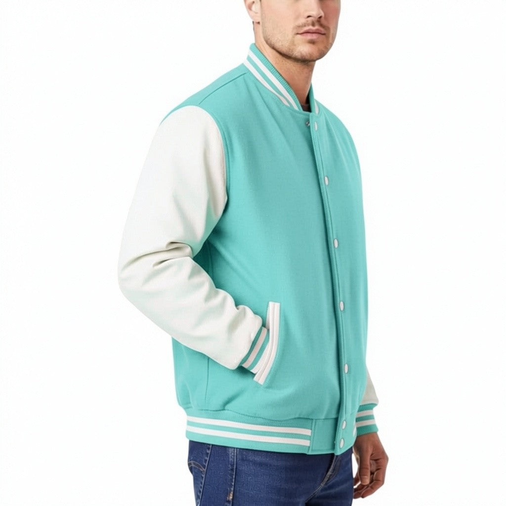 Tiffany and white varsity jacket worn by a person on a white background