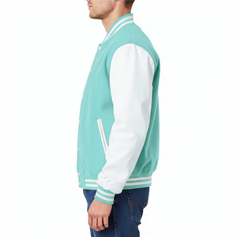 Person wearing a Tiffany and white varsity jacket on a white background