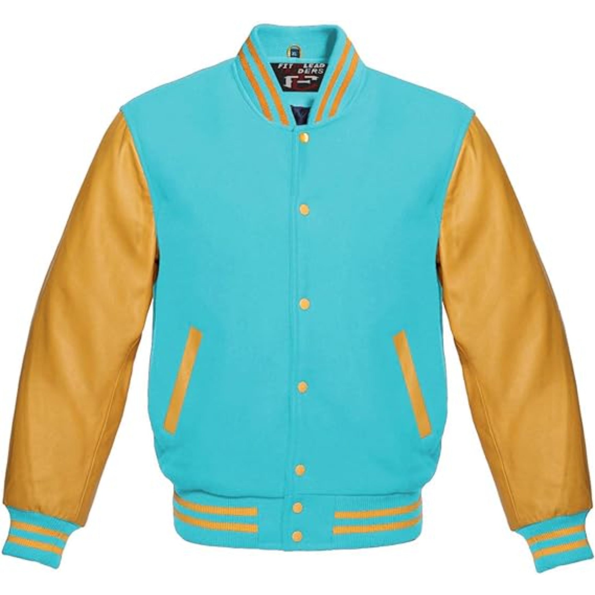 Turquoise and yellow varsity jacket with leather sleeves on a white background