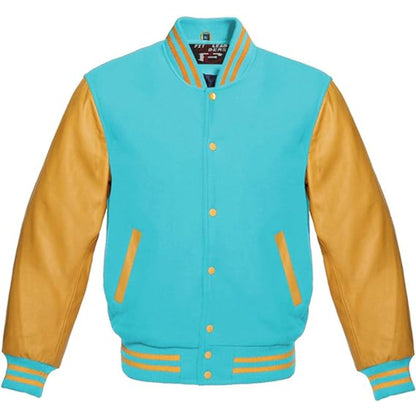 Turquoise and yellow varsity jacket with leather sleeves on a white background