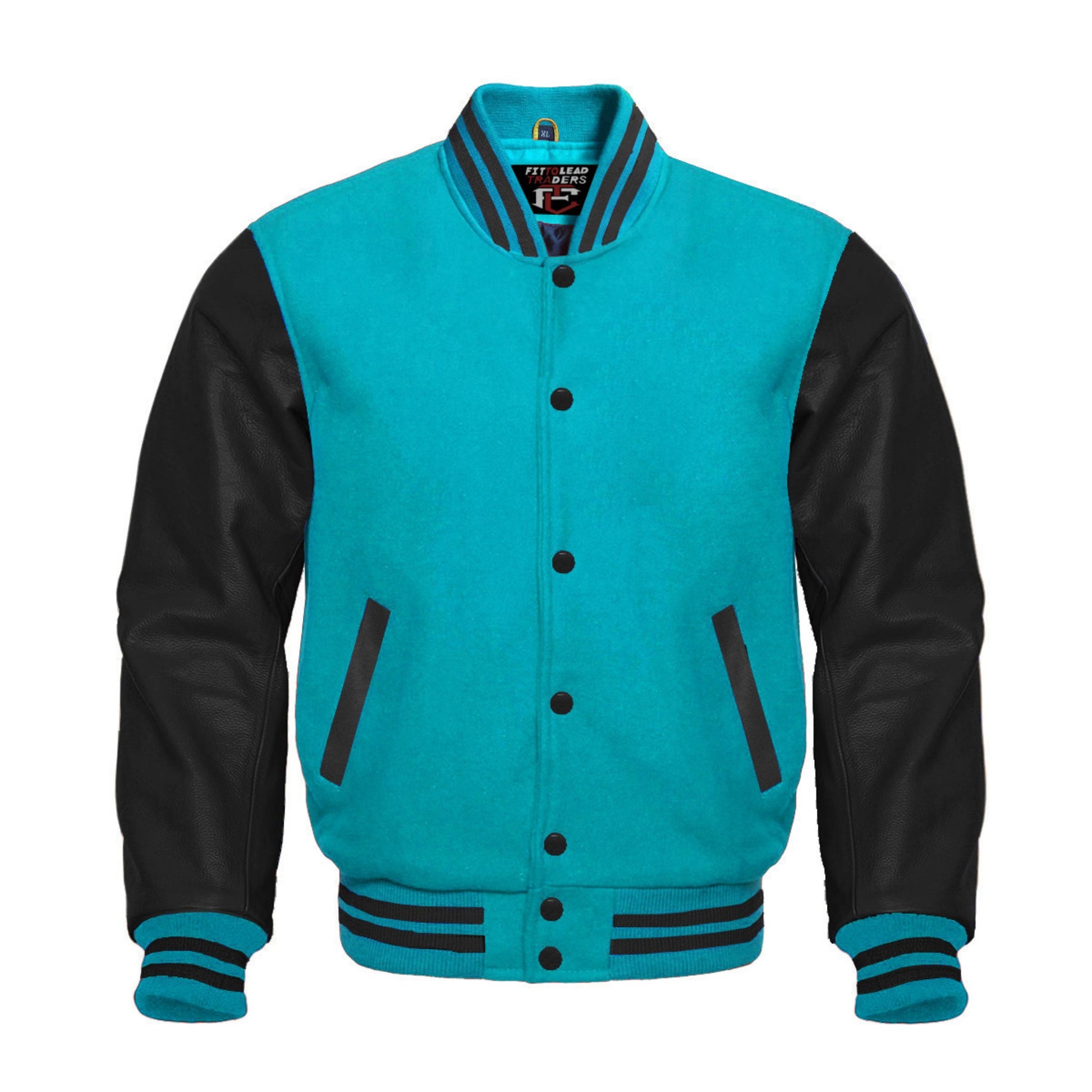 Turquoise and black varsity jacket on a white background
