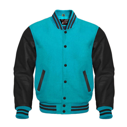 Turquoise and black varsity jacket on a white background