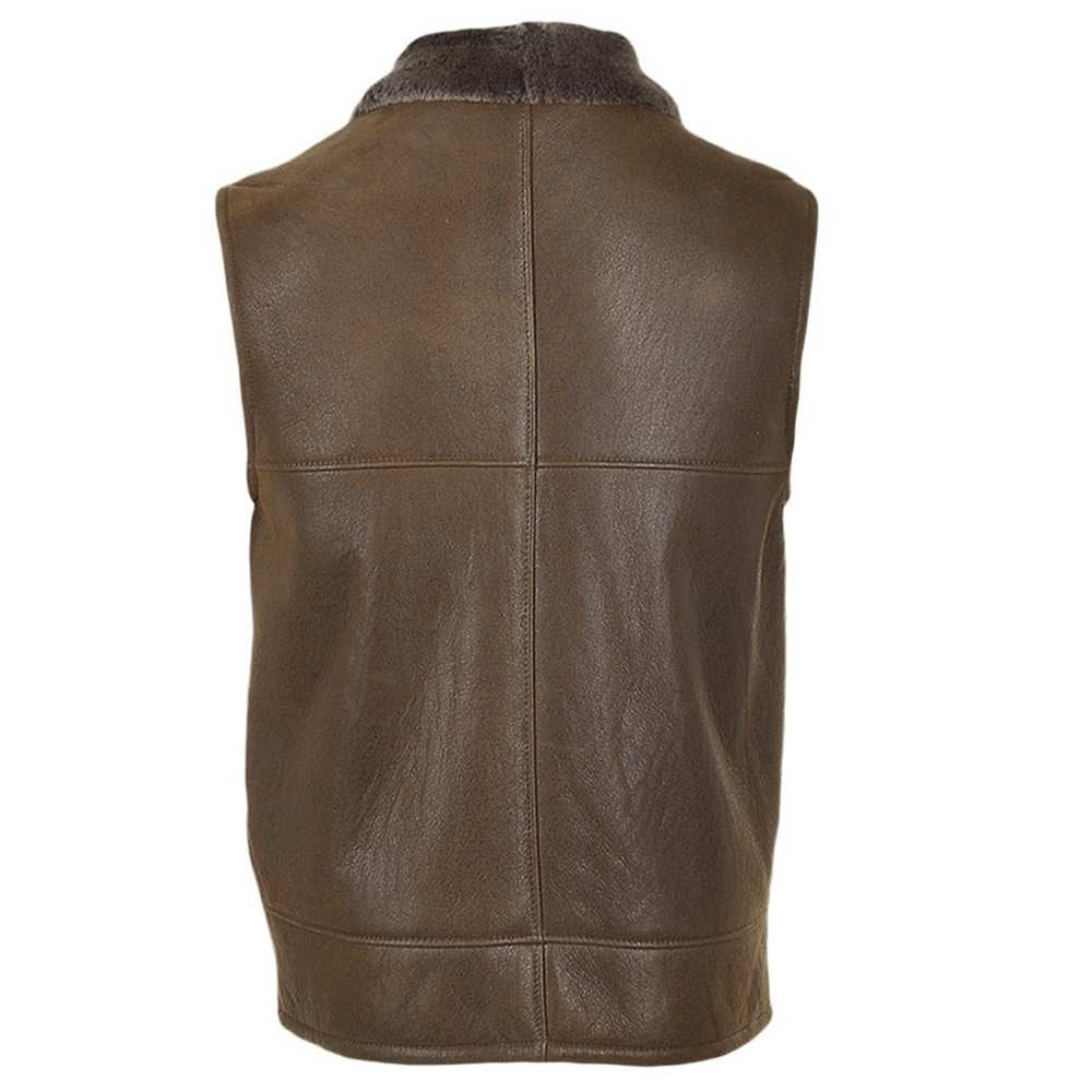 A brown leather vest with a dark brown faux-fur collar, shown from the back against a plain white background.
