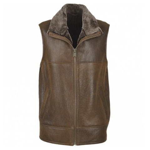 A brown leather aviator-style vest with a plush brown faux-fur collar, shown against a plain white background.