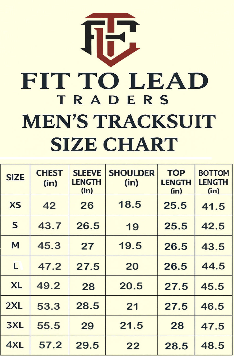 Men's tracksuit size chart with Fit to Lead Traders logo on a beige background