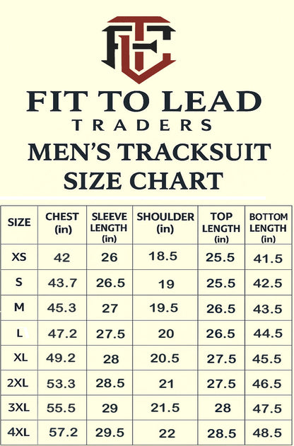 Men's tracksuit size chart with Fit to Lead Traders logo on a beige background