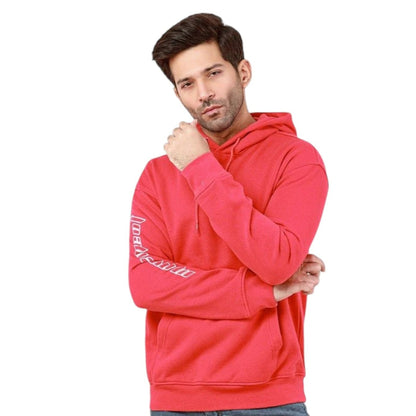 Man wearing a red hoodie on a white background