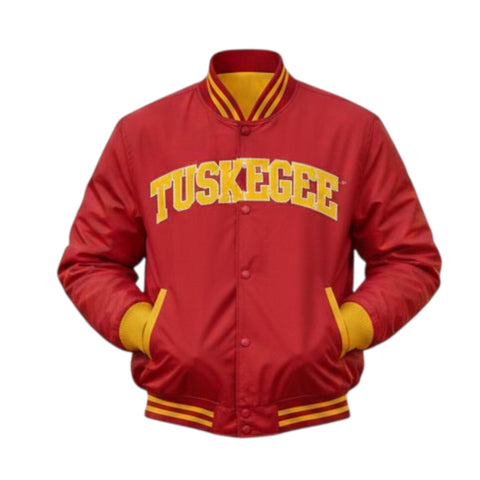 Red jacket with yellow accents and 'Tuskegee' text on a white background