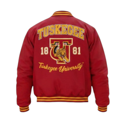 Red letterman jacket with Tuskegee University logo and text on a white background
